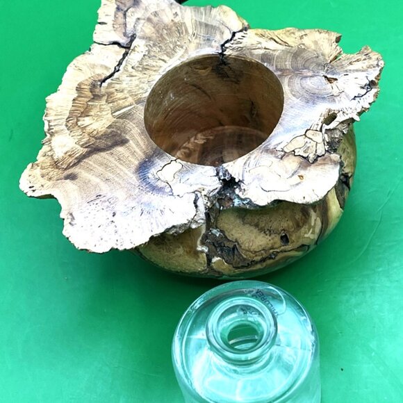 Rustic Artisan Burl Wood Jar Oil Candle Glass Insert Natural Edge Turned Vessel - Picture 5 of 12